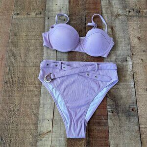 Adika Lilac Belted High Waist Bikini Set With Padded Bra